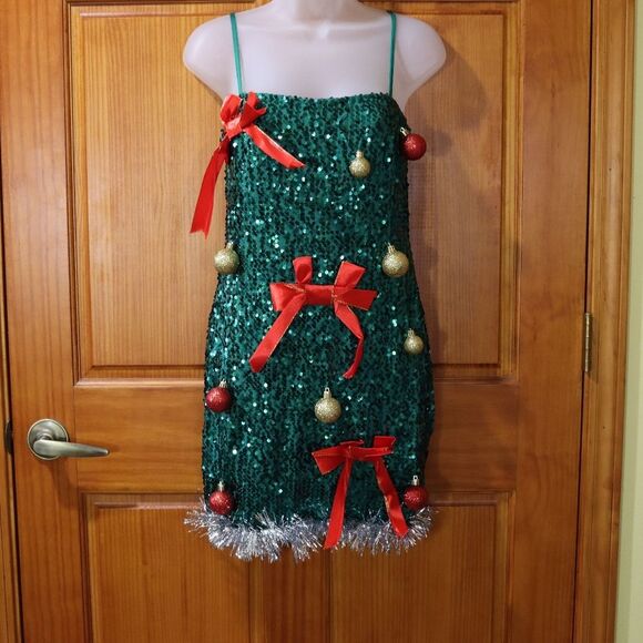 Forever 21 Festive Green Sequin Dress with Red Bows Holiday Christmas Small - Picture 2 of 12